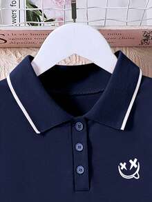 Tween Girl Polo Collar Smiling Face Print Half-Zip Dress - Royal Blue - View 3