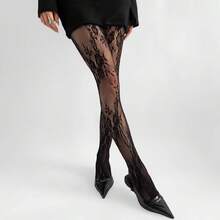 1双高弹力蜘蛛网渔网袜，蕾丝性感连裤袜，适合舞会、派对、情人节约会 - 黑色 - 查看 3