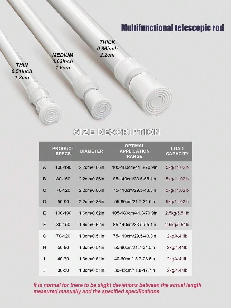 Adjustable Telescopic Curtain Rod/Shower Curtain Rod - Heavy Duty Extendable Rod, No Drilling Installation, Suitable For Shower, Wardrobe, Window, Towel Rack - Steel & Plastic Home Accessory