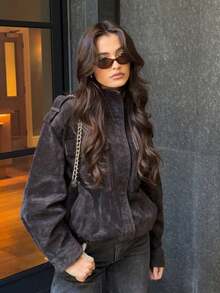 Women's Grey Suede Jacket, Oversized Stand Collar Long Sleeve Coat With Pockets For Spring Fall - Dark Grey - View 6