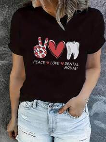 Women Plus Size Women Casual Graphic T-Shirt Peace Love Dental Design With Heart Tooth Print Black Round Neck Short Sleeve Tee Soft Stretch Fabric For Summer Casual Attire Dental Shirts Relaxed Fit Shirt Playful Print Tee Lightweight Tee Printed Top Fun Fashion Lovers Breathable Tee Stylish Blouse Adults 220g Big Size L-3XL 4XL 5XL - Black - View 1