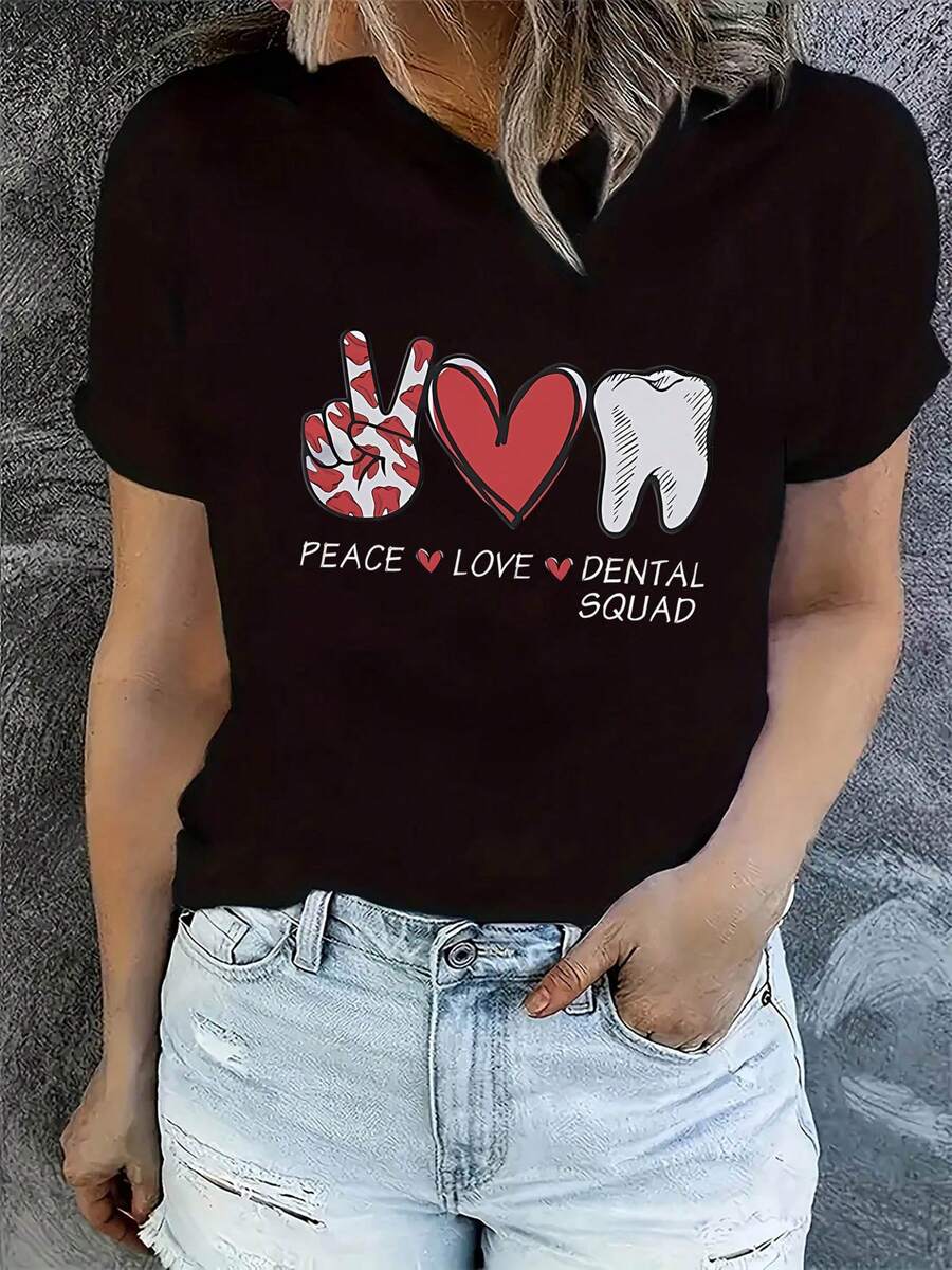 Women Plus Size Women Casual Graphic T-Shirt Peace Love Dental Design With Heart Tooth Print Black Round Neck Short Sleeve Tee Soft Stretch Fabric For Summer Casual Attire Dental Shirts Relaxed Fit Shirt Playful Print Tee Lightweight Tee Printed Top Fun Fashion Lovers Breathable Tee Stylish Blouse Adults 220g Big Size L-3XL 4XL 5XL - Black - View 1