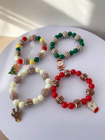 1pc Fashionable Christmas Beaded Bracelet With Enamel & Metal Pendant, Christmas Holiday & Party Gift