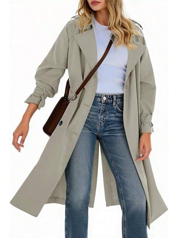 Womens Long Coat Double Breasted Notch Lapel Lightweight Oversized Windproof Fall Overcoat With Belt, Fashionable