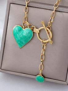1pc Fashionable 3D Alloy Coated Turquoise Heart Pendant & Turquoise Teardrop Pendant Necklace - Turquoise - View 6