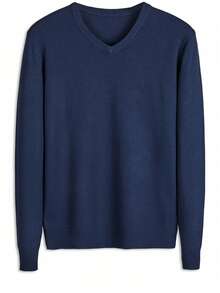 GRDR Men's Solid Color V-Neck Pullover Sweater, Casual Everyday Wear, Autumn/Winter - Navy Blue - View 7