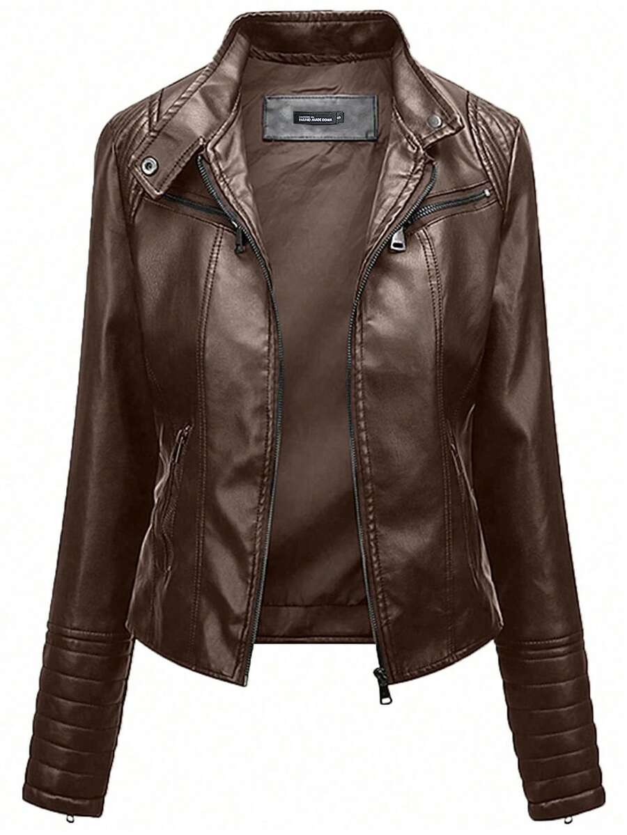 Women's Leather Jacket, Long Sleeve Fitted Stand Collar Leather Coat, Autumn - Coffee Brown - View 1