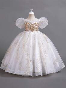 Girls Tulle Princess Dress With Puff Sleeves Star Sequins Lace Embroidery Big Bow Back Ball Gown Flower Girl Dress For Wedding Birthday Pageant - 白色 - 查看 3