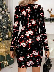 Damen Weihnachts-Muster Langarm Bodycon Minikleid - Taillengürtel Partykleid mit festlichem Blumenmuster, sexy figurbetontes Weihnachtskleid für Damen, perfekt für Weihnachtsfeierlichkeiten und Weihnachtsessen, lässige Herbstkleider für Damen, legere schwarze Kurzkleider für Frauen - Schwarz - Übersicht 4