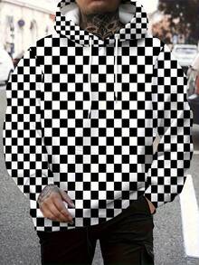 Men's Black & White Checkerboard Hooded Sweatshirt - Modern Board Game Print Sweater With Hood & Pocket, Machine Washable Casual Winter Sweaters For Fall/Winter Layering, Versatile Giftable Outerwear - 風格 - 查看 2