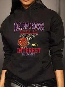 Sudadera con capucha y cordón de impresión de baloncesto y letras, sudadera casual suelta, ropa de mujer - Negro - Ver 1