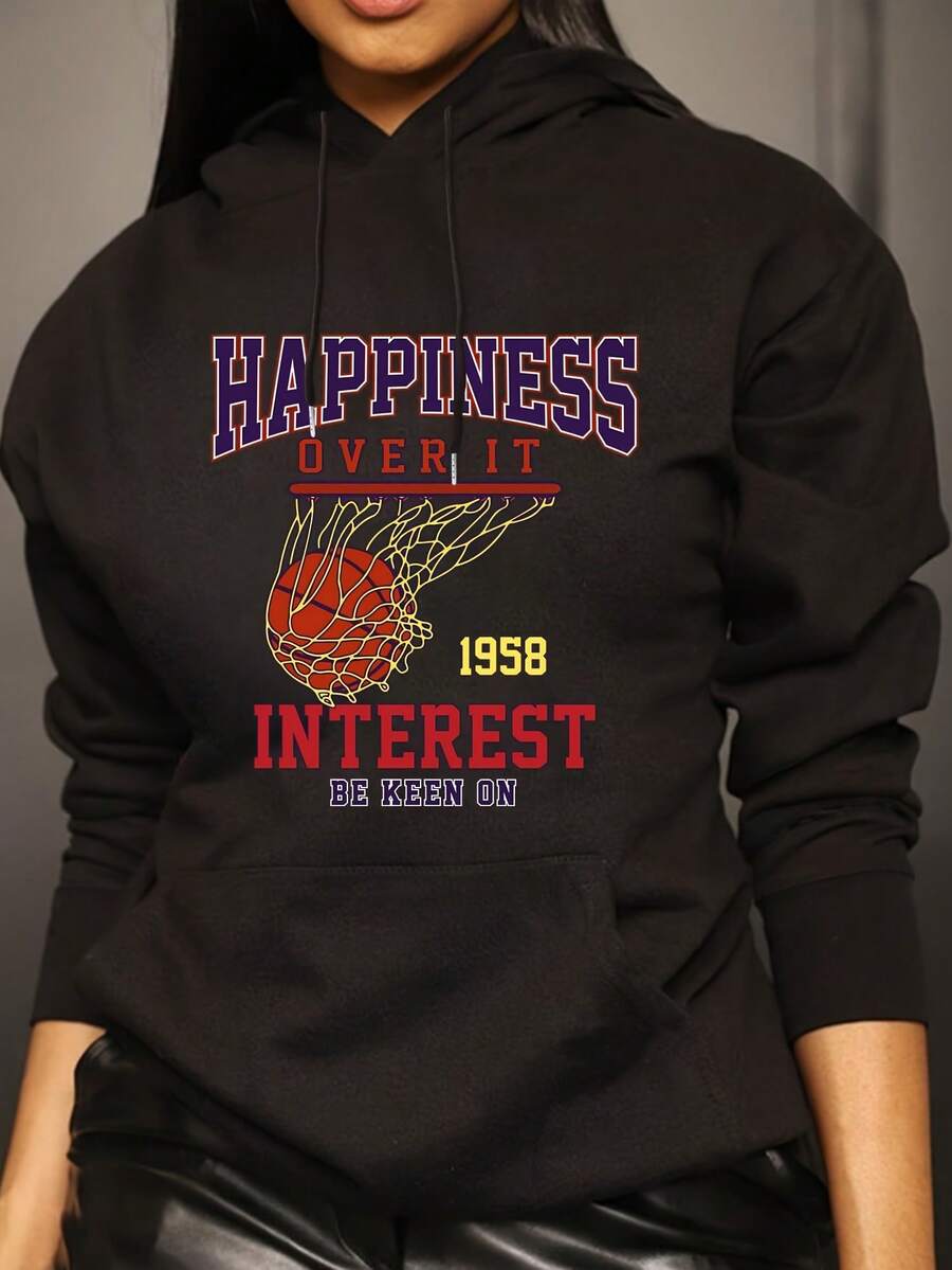 Sudadera con capucha y cordón de impresión de baloncesto y letras, sudadera casual suelta, ropa de mujer - Negro - Ver 1
