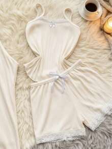 Women's 3-Piece Trio Pajama Set: Tank Top, Shorts, And Pants. Comfortable Ribbed Fabric. - 白色 - 查看 2