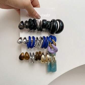 5-15 Pairs Vintage Y2K Geometric Acrylic Exaggerated Fashion Earrings Set, Suitable For Women, Mother's Day, Valentine's Day, Christmas, New Year, Daily Wear