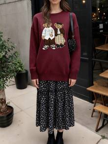 2025 Autumn/Winter New Retro Cartoon Bear Embroidered Loose Fit Round Neck Long Sleeve Sweater, Versatile Daily Wear, Women's Fall/Winter, Suitable For Halloween, Saudi National Day, New Year, Christmas, Elegant Autumn/Winter Layering - Burgundy - View 7