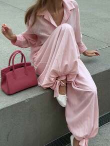 Pantalones harem casuales sueltos con cordón y pliegues de unicolor rosa para primavera - Rosa - Ver 4