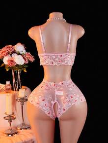 AESKEIA Set de lenjerie intimă sexy din dantelă roz, sutien cu decolteu și chiloți cu deschidere între picioare pentru femei, îmbrăcăminte intimă, cadou de Crăciun, Ziua Îndrăgostiților, Anul Nou