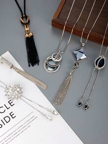 1件/6件套镀银水钻花朵流苏吊坠项链，女士珠宝礼品