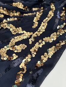 Romagic Elegant Long Sequin Evening Gown, Round Neck, Black & Navy Blue - Navy Blue - View 4