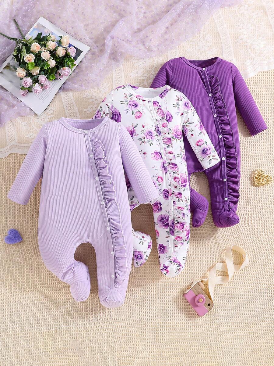 3pcs Newborn Baby Girls' Casual Floral Print & Solid Color Button Long Sleeve Romper, Suitable For Toddlers Daily Wear - Purple - View 1