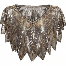 Shawl Wraps Sequin Beaded Evening Cape Bridal Shawl - Black Gold - View 1