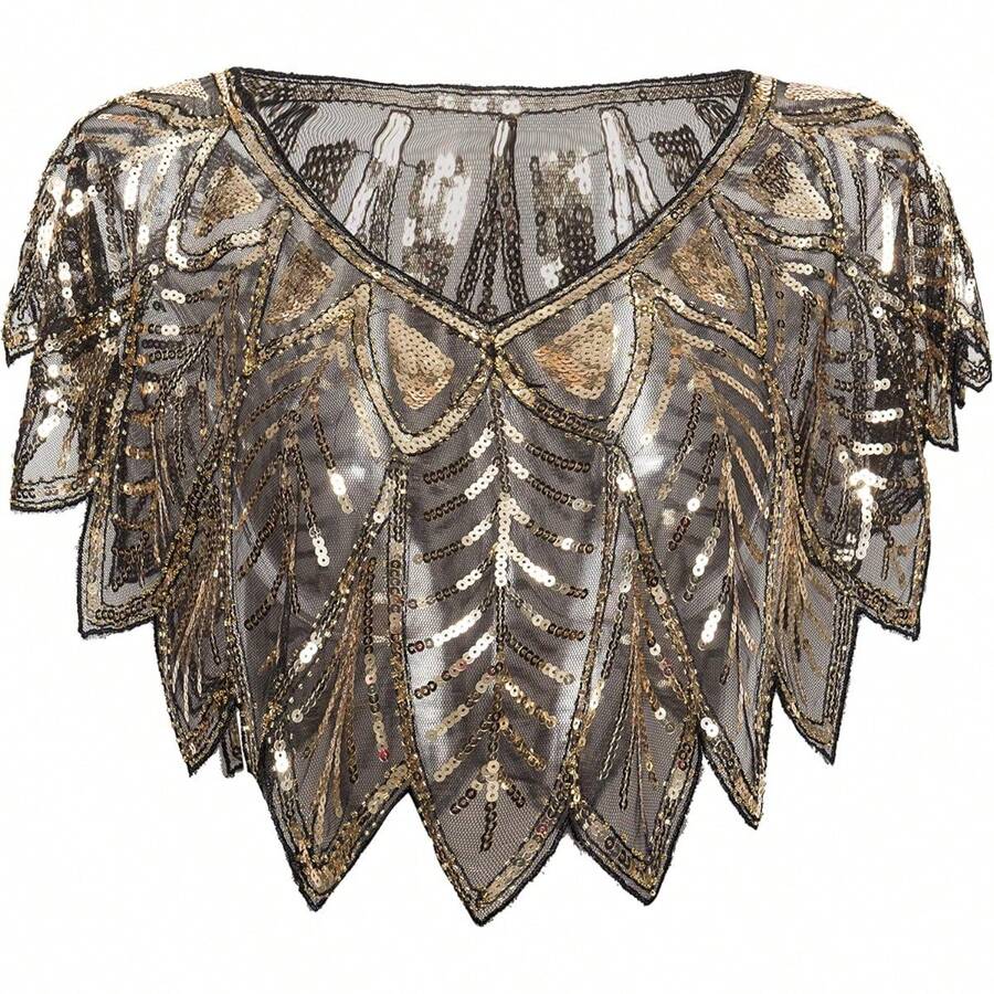 Shawl Wraps Sequin Beaded Evening Cape Bridal Shawl - Black Gold - View 1