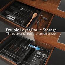 WSXC Double Layer Silverware Tray With Lid Drawer Organizer For Utensil Tray Cutlery Storage Holder With Cover Black - 黑色 - 查看 4