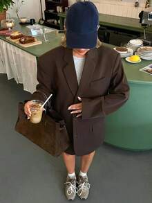 Women's Casual Loose Fit Brown Long Sleeve Blazer Jacket, Featuring Buttons And Pockets, Regular Fit, Suitable For Spring And Autumn