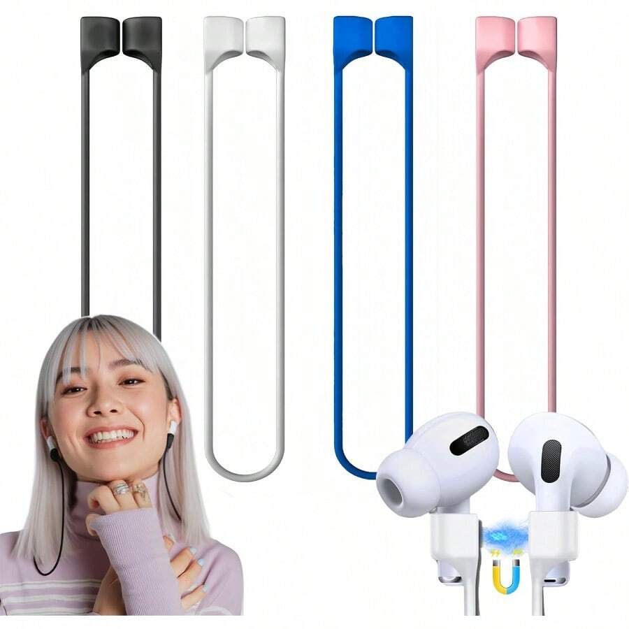 Paquete de 4 correas magnéticas para AirPods Cable antipérdida para AirPods 4 y 1/2/3 y Pro Cordón deportivo de silicona suave colorido Cuerda para el cuello cordón para auriculares accesorios - NEGROBLANCOROSAAZUL - Ver 1