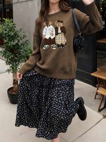 2025秋冬新款复古卡通熊刺绣宽松圆领长袖女式毛衣，适合休闲穿着，也适合万圣节、国庆节、新年、圣诞节等秋冬季节穿着。 - 咖啡棕 - 查看 5