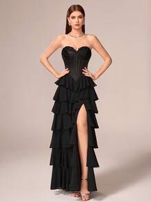 VIPGIRL 奢华优雅女士黑色雪纺无肩带礼服，多层裙摆，长款正式晚礼服 - 黑色 - 查看 3