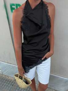 DEEKA Summer New Arrival Women's Fashion Sexy Halter Neck Lace Blouse - Black - View 4