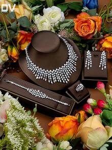 DV JEWELRY 5件套铂金镀层立方氧化锆奢华项链、手链、耳环、开口戒指首饰套装，优雅珠宝礼品，适合女士、派对、周年纪念等场合，附赠礼盒 - 銀色 - 查看 2