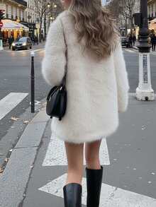 女式时尚翻领仿皮草长袖休闲夹克，秋冬 - 白色 - 查看 3