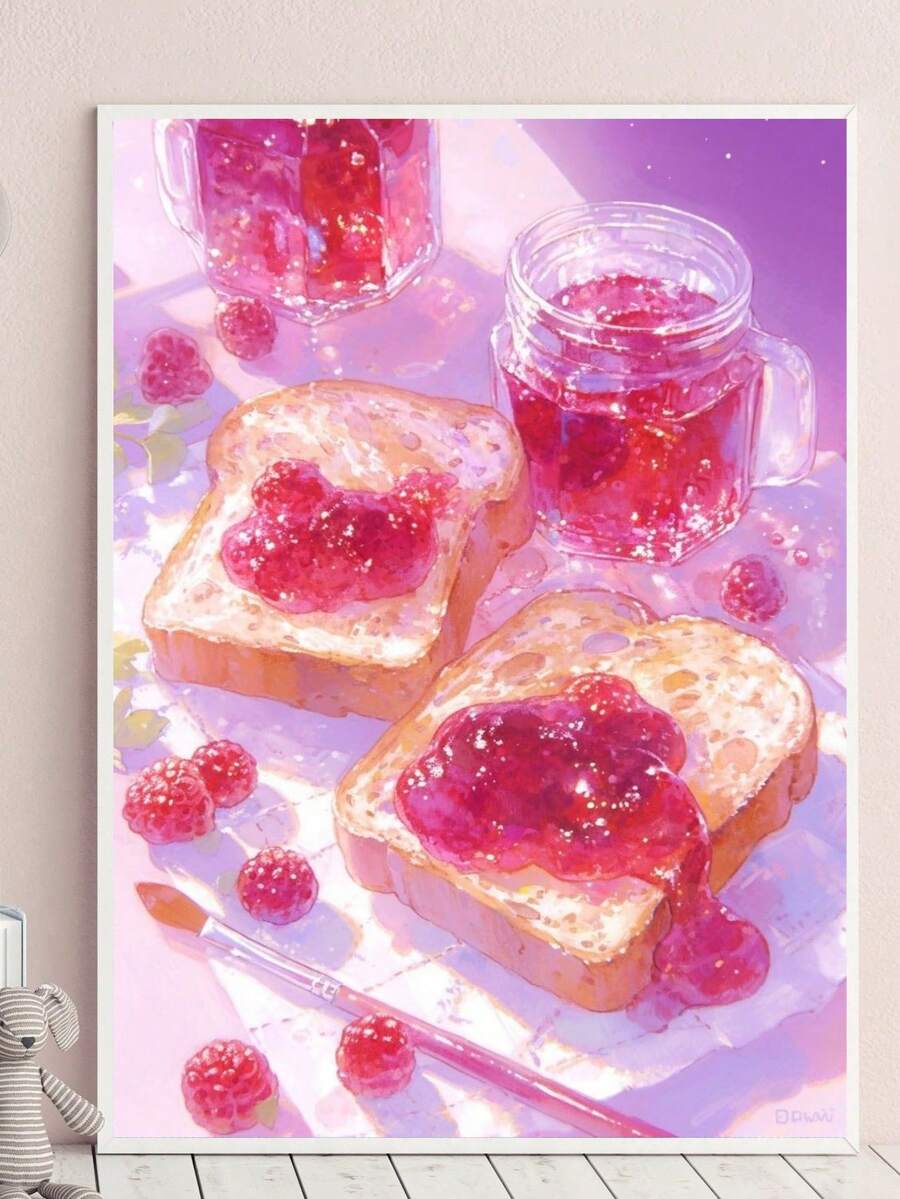 | 5D DIY钻石画套装 | 梦幻水晶透明覆盆子果酱面包美食新品刺绣花卉手工墙面艺术钻石画，适合成人，粉色圣诞手工画墙面装饰。DIY马赛克套装，放松钻石画，锻炼DIY技能和专注力，最佳DIY节日礼物。