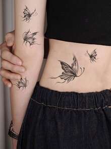 2张女士身体彩绘临时纹身贴纸，优雅的墨水风格蝴蝶图案。防水假纹身，可持续2-5天，可贴于手臂、颈部、肩部、胸部、腰部和腿部。易于粘贴和去除，适合节日、派对、婚礼、送礼和音乐节等场合。 - 黑色 - 查看 3