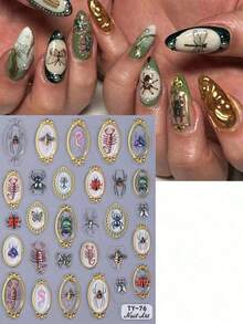1pc 5D Embossed Insect Nail Decals Colorful Vintage Photo Frame Ladybug Butterfly Spider Centipede Pattern DIY Nail Art Decoration Slider, Manicure Art Accessories Tools, Beautiful Gift For Girl - Nhiều màu - Xem 3