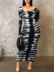 Spring And Summer Elegant Long-Sleeved Ankle-Length Tie-Dye Contrasting-Color Print Tight-Fitting Dress, Sexy Tight-Fitting Figure-Hugging Long Dress For Women - màu đen - Xem 3