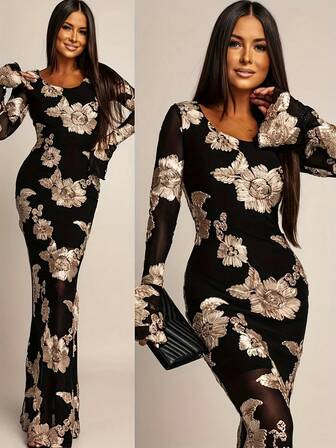 Vestido formal de fiesta de manga larga y cuello redondo elegante de jacquard para mujer, primavera/verano