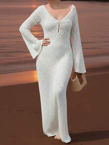 女式大码新款时尚性感沙滩度假休闲镂空长袖中长款金属钉纽扣针织宽松连衣裙，春夏秋