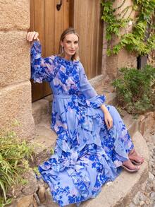 Faeriesty 印花优雅雪纺礼服，饰以柔美花卉图案（柔美花朵与叶片），宽松荷叶边灯笼袖和层叠裙摆——轻松展现优雅气质，适合浪漫庆典、晚宴和花园早午餐 | 优雅印花蓝色沙滩裙，春夏度假连衣裙，情人节派对婚礼之选 - 藍色 - 查看 3
