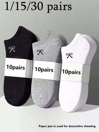 1/15/30 pares de calcetines de tobillo con lazo de unicolor - Minimalista dulce, cómodo y suave - Adecuado para el viaje diario, los deportes, el estilo universitario