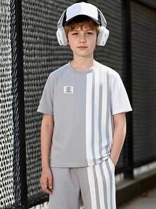 两件套男童春夏短袖T恤和裤子，条纹休闲套装，适合户外活动、日常穿着和派对等场合。