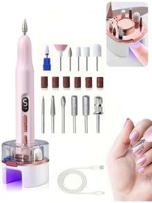 二合一电动美甲钻、UV美甲灯、USB充电式电动指甲锉抛光器套装，适用于亚克力凝胶指甲，美甲修脚工具，指甲打磨器，5档速度调节 - 18件套，包含指甲钻头和砂圈 - 彩色 - 查看 1