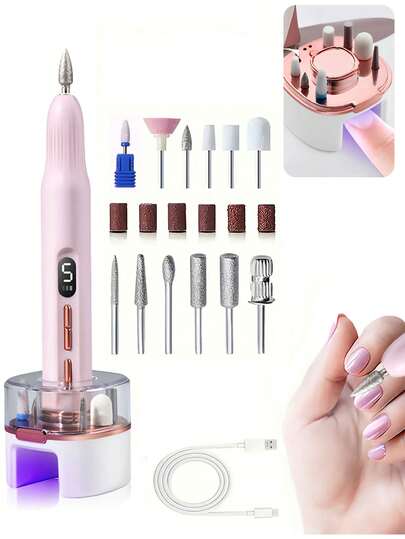 2-In-1 Electric Nail Drill, UV Nail Lamp, USB Rechargeable Electric Nail File & Polisher Set, Suitable For Acrylic Gel Nails, Manicure Pedicure Tools, Nail Grinder, 5 Speed Levels - 18pcs Set, Includes Nail Drill Bits And Sanding Bands
