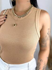 Dark Brown With White Women's Two-Tone Tank Top Foreign Fashion Elegant Ribbed WINE BURGUNDY NAVY BLUE PINK Casual Basic Elegant Knitted - 卡其色 - 查看 5