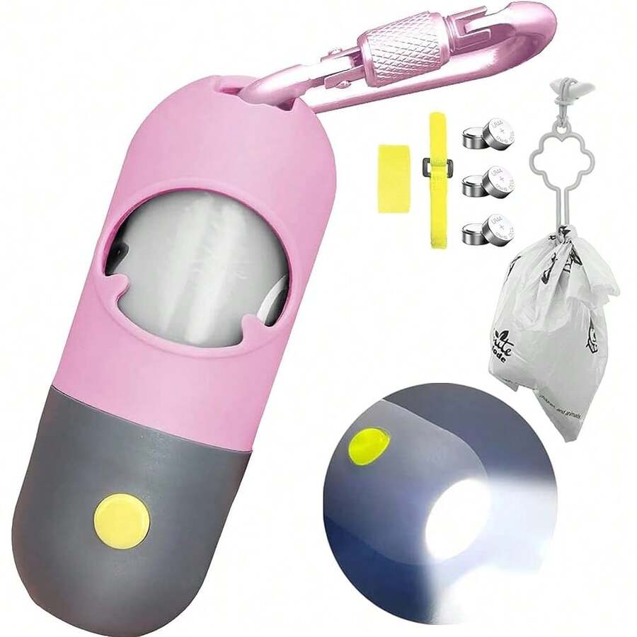 Dog Poop Bag Dispenser With Built-In LED Flashlight And Metal Clip For Leash, Pet Waste Bag Holder, Dog WalFKing Accessory (Pink),1Count(Packof15),Pink - 粉色 - 查看 1