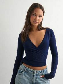 Women's Deep V Neck Wrap Blouse Long Sleeve Regular Fit Top With High Stretch Fabric - Navy Blue - View 3