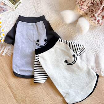 Stylish Soft Pet Clothes For Small Dogs & Cats - Comfortable Smiling Face & Striped Dog Shirts, Cute Breathable Puppy Apparel, Warm Indoor/Outdoor Daily Wear Pet Sweatshirts, Multiple Designs Available