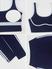 Sodalemon Women Athletic Contrast Color Gym Set Backless Elastic Training Sport Bra Butt Lifting Casual Outdoor Tight Yoga Leggings Gym Fitness 2 PCS Sport Sets - Navy Blue - View 10